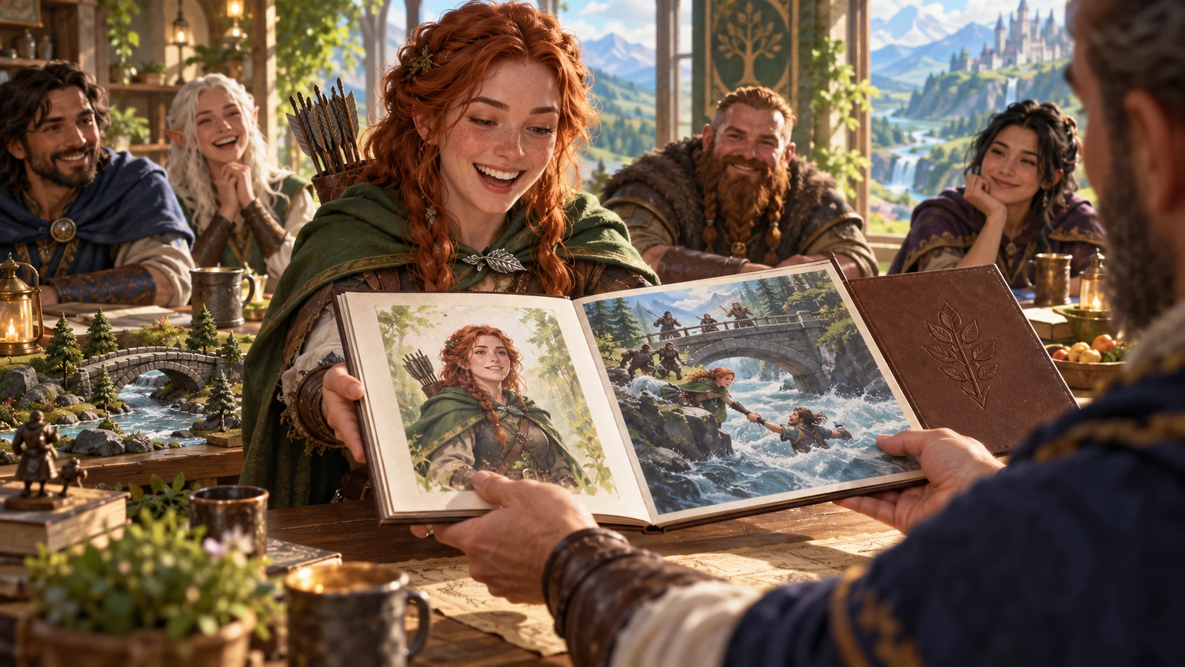 Fantasy illustration of a red-haired tabletop companion viewing a personal session folio with her group beside a river-bridge terrain model