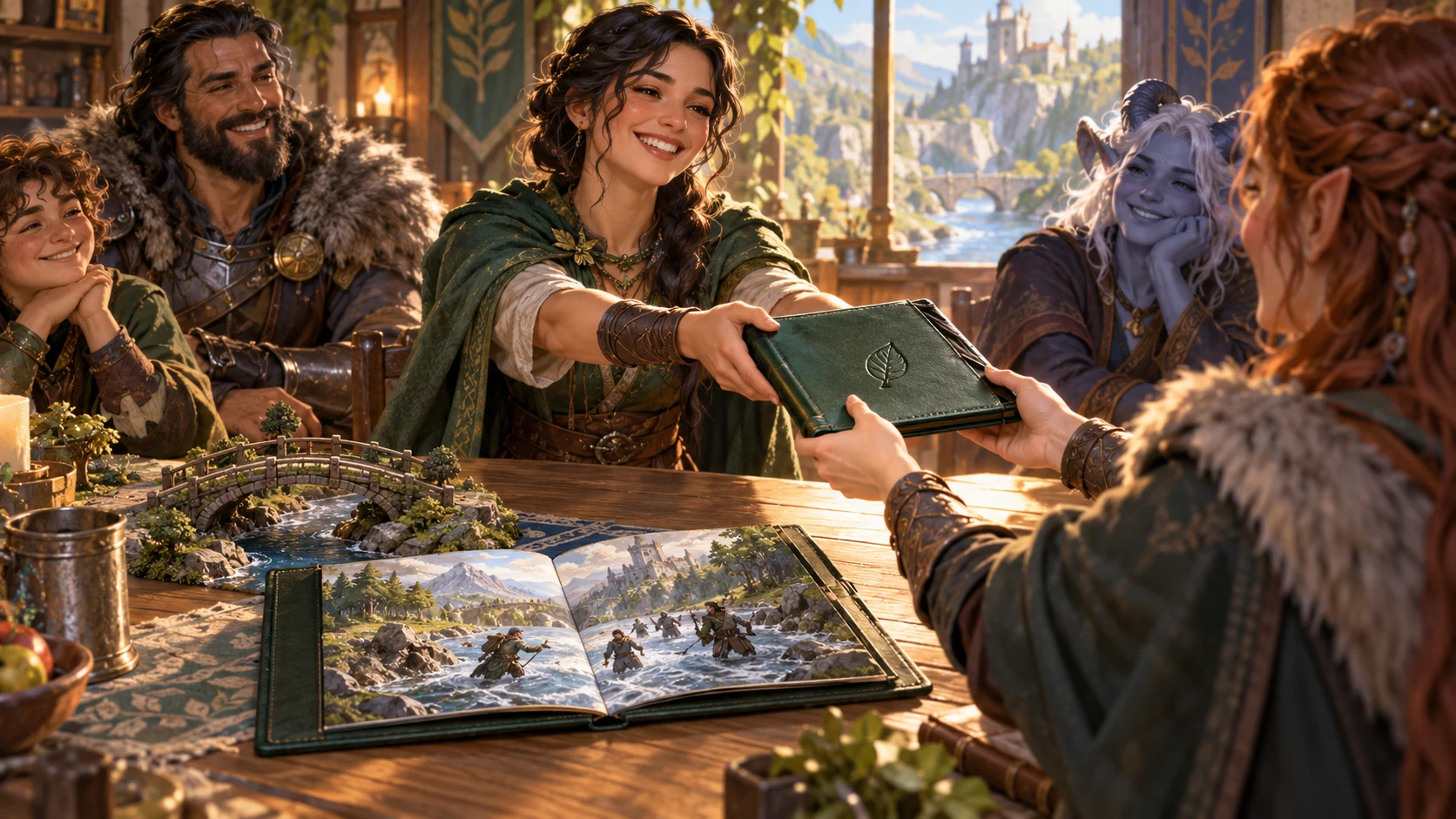 Fantasy illustration of a tabletop companion handing a green session folio to a red-haired player while their group watches