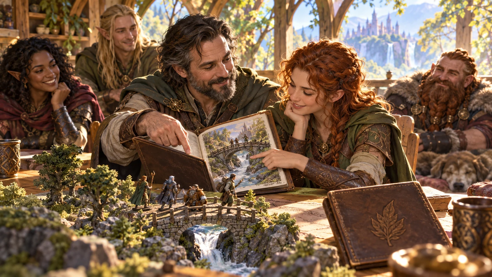 Fantasy illustration of two tabletop companions reviewing a session folio beside a river-bridge terrain model